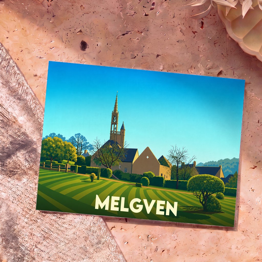 Carte postale souvenir de la ville de Melgven avec une illustration stylisée de son église et de ses jardins.