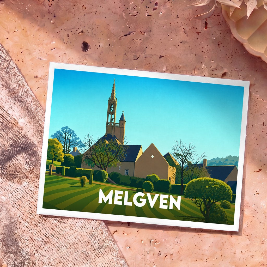 Carte postale souvenir de la ville de Melgven avec une illustration stylisée de son église et de ses jardins.