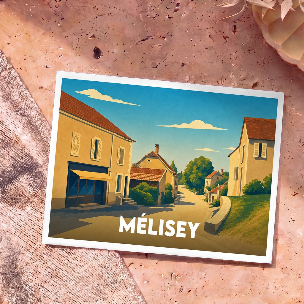 Carte postale souvenir de la ville de Mélisey avec une illustration stylisée.