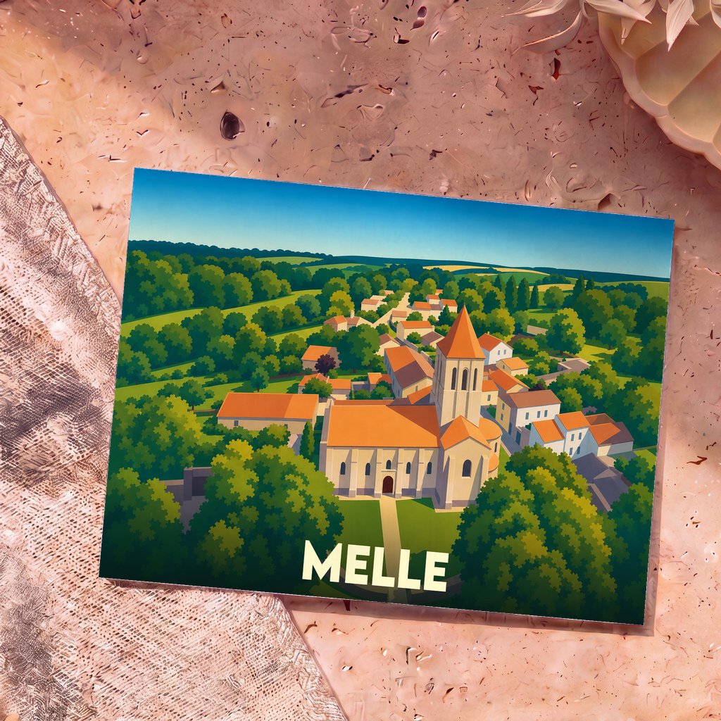 Carte postale souvenir de la ville de Melle avec une illustration stylisée d'une église romane entourée de verdure.