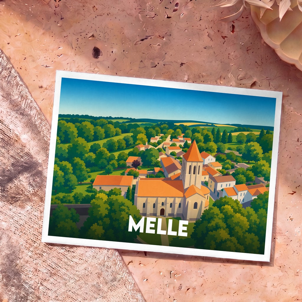 Carte postale souvenir de la ville de Melle avec une illustration stylisée d'une église romane entourée de verdure.