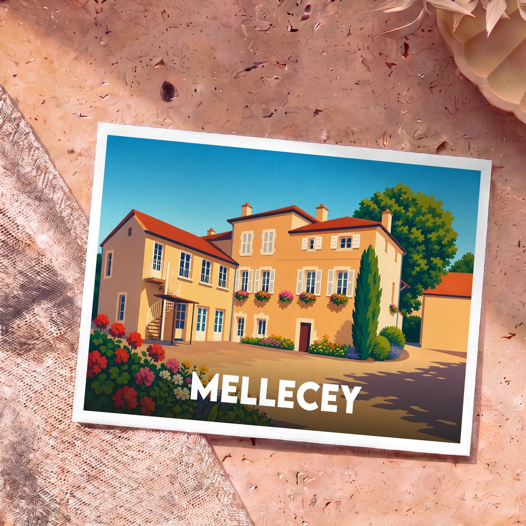 Carte postale souvenir de la ville de Mellecey avec une illustration colorée d'une demeure traditionnelle.