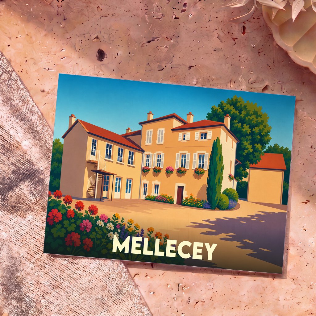 Carte postale souvenir de la ville de Mellecey avec une illustration colorée d'une demeure traditionnelle.