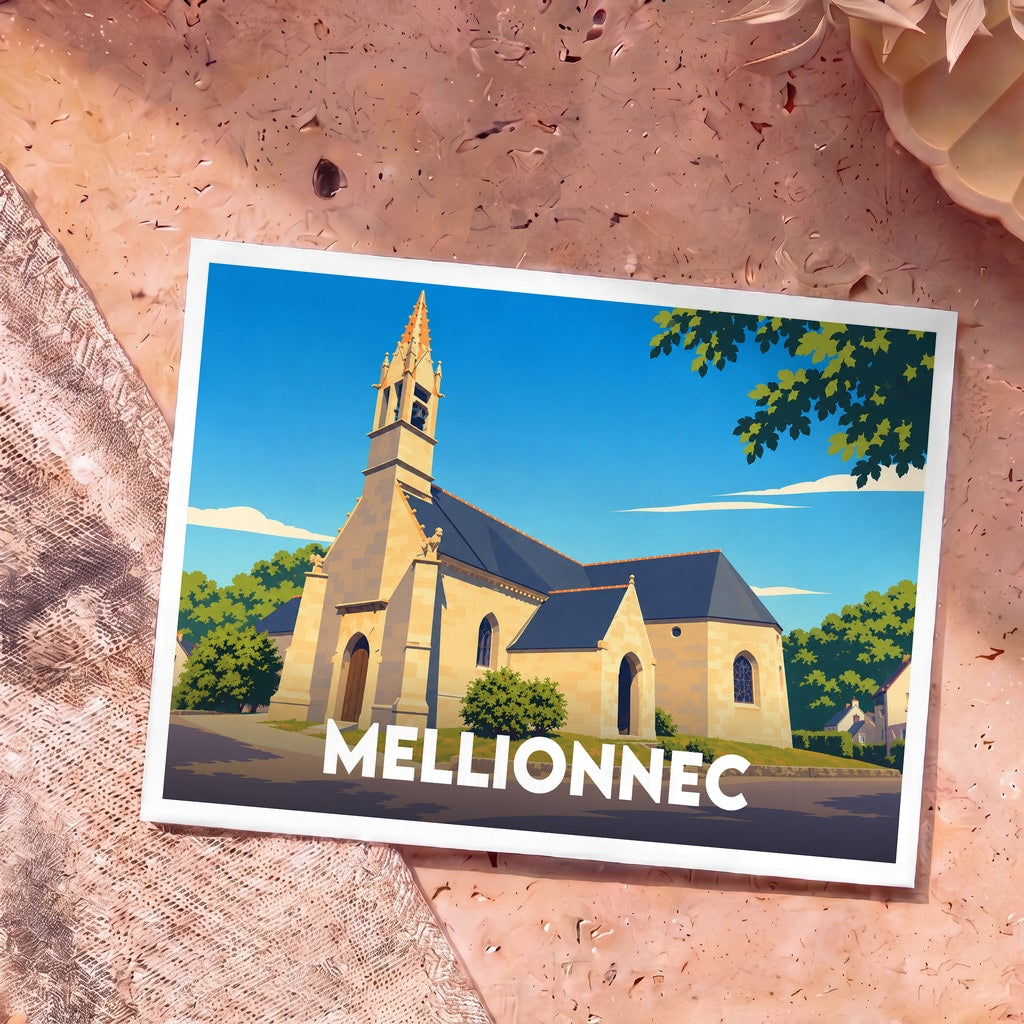Carte postale souvenir de la ville de Mellionnec avec une illustration stylisée de son église.