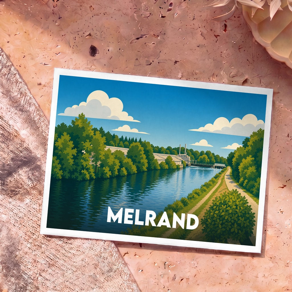Carte postale souvenir de la ville de Melrand illustrant un canal paisible bordé de verdure dans un style graphique épuré.