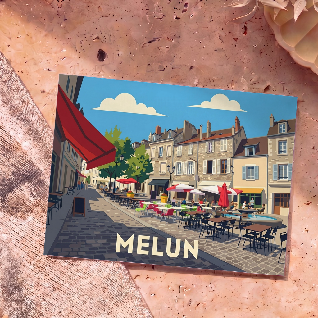 Carte postale souvenir de la ville de Melun avec une illustration stylisée d'une place animée et ses terrasses de café.