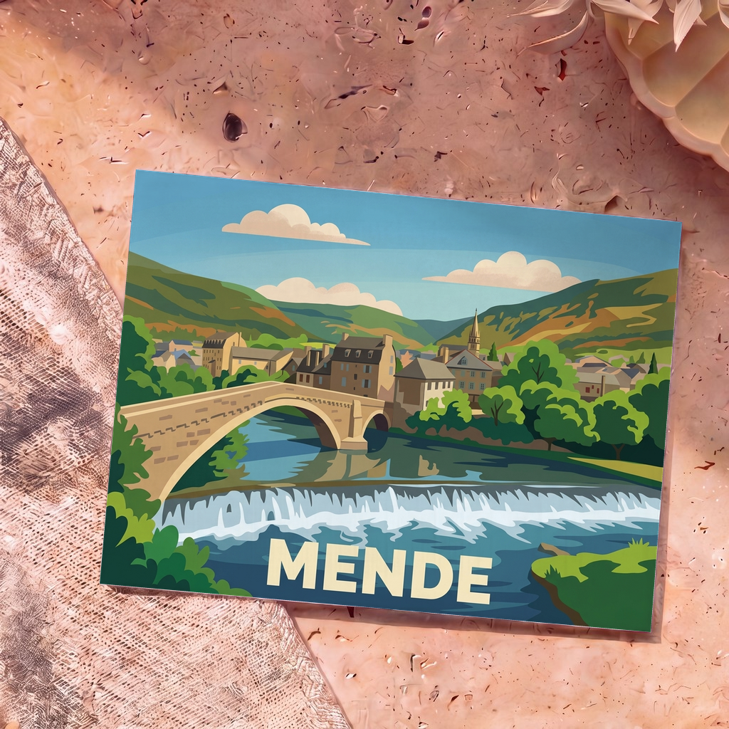 Carte postale souvenir de la ville de Mende illustrée d'un pont en pierre surplombant la rivière.