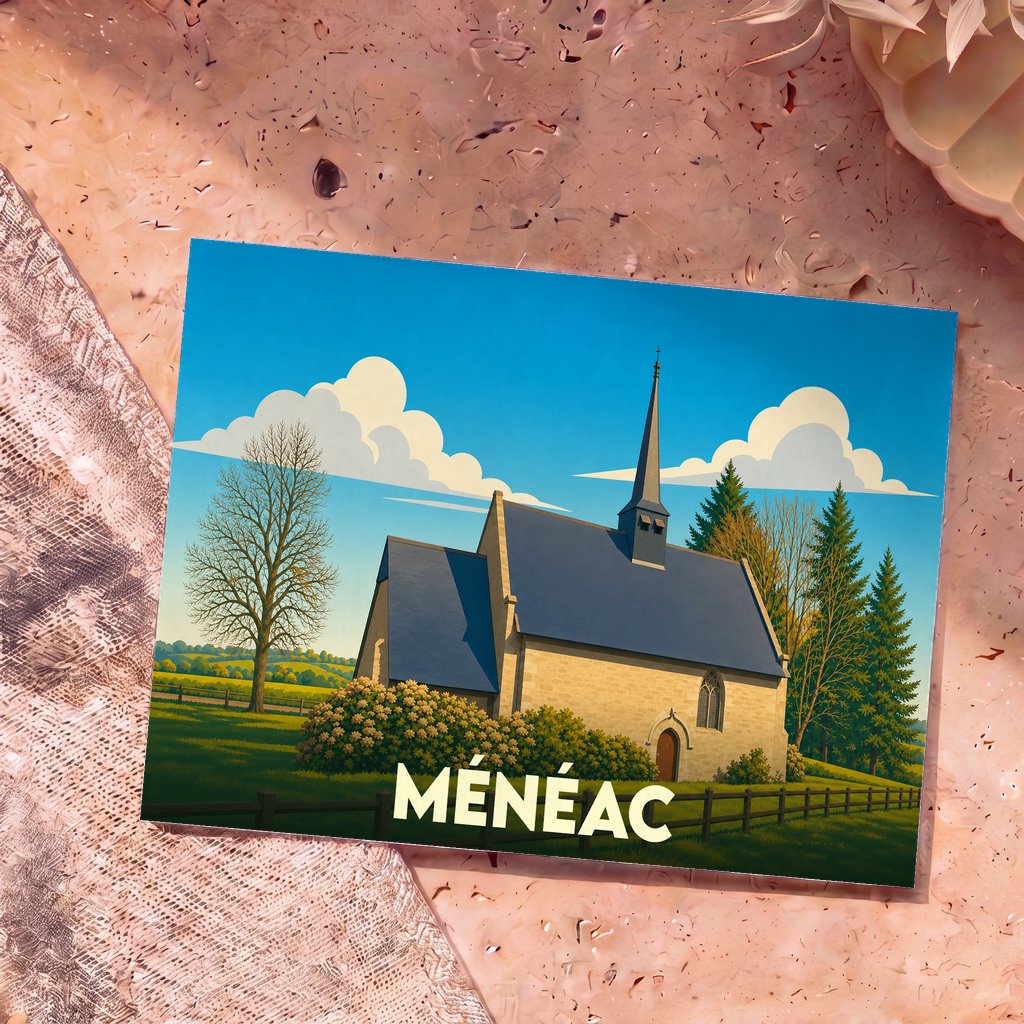 Carte postale souvenir de la ville de Ménéac illustrant une église de campagne dans un style épuré et coloré.