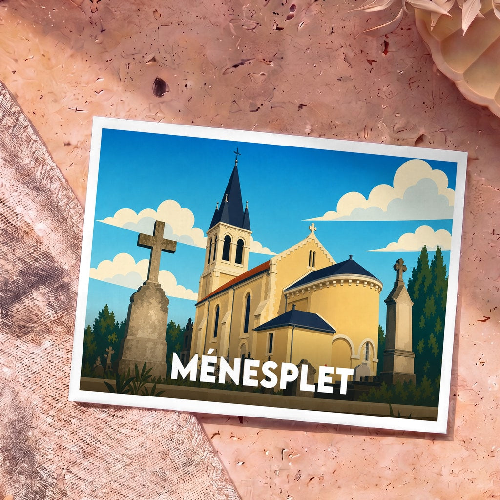 Carte postale souvenir de la ville de Ménesplet avec une illustration stylisée de son église et de son cimetière.