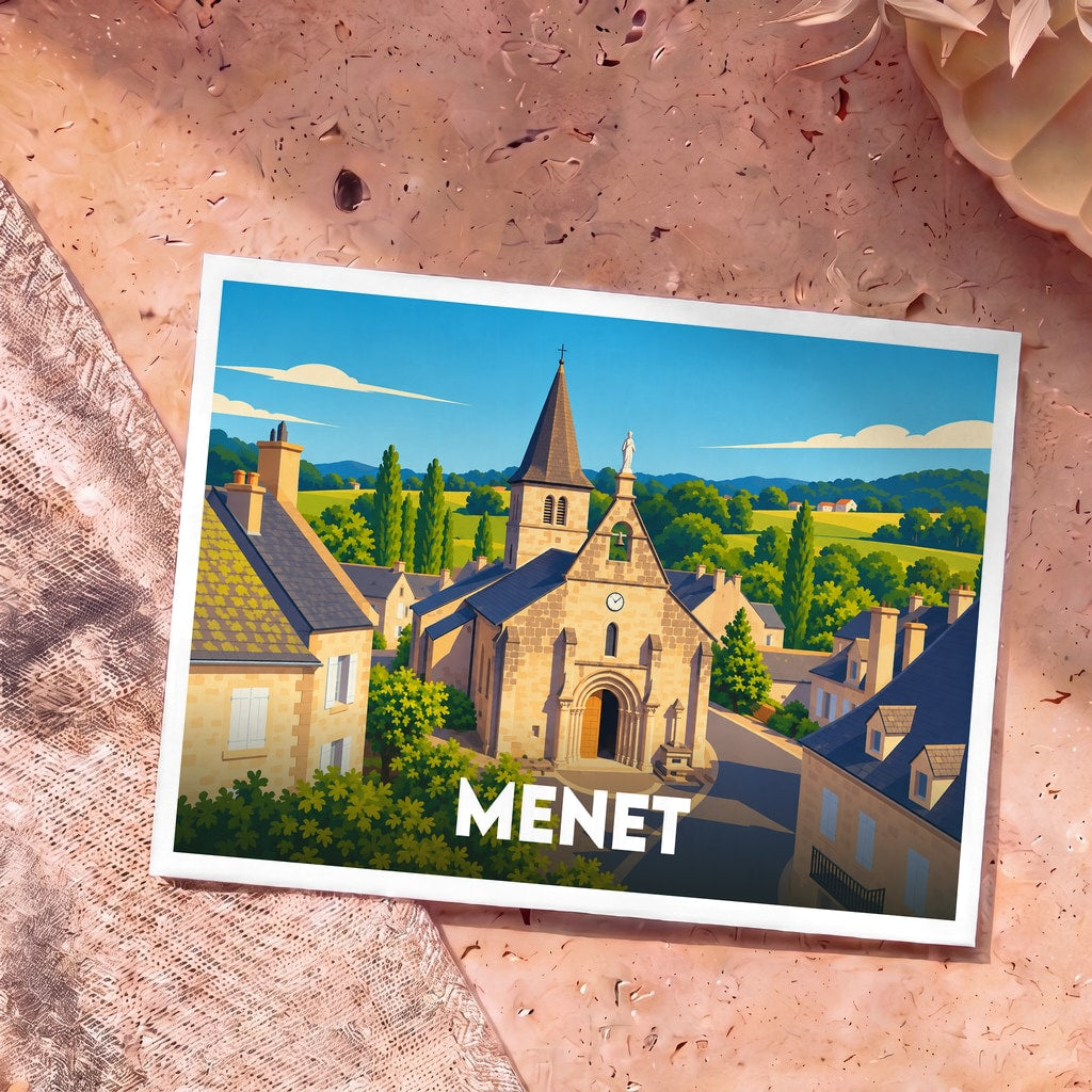 Carte postale souvenir de la ville de Menet avec une illustration stylisée de son église et de ses maisons.