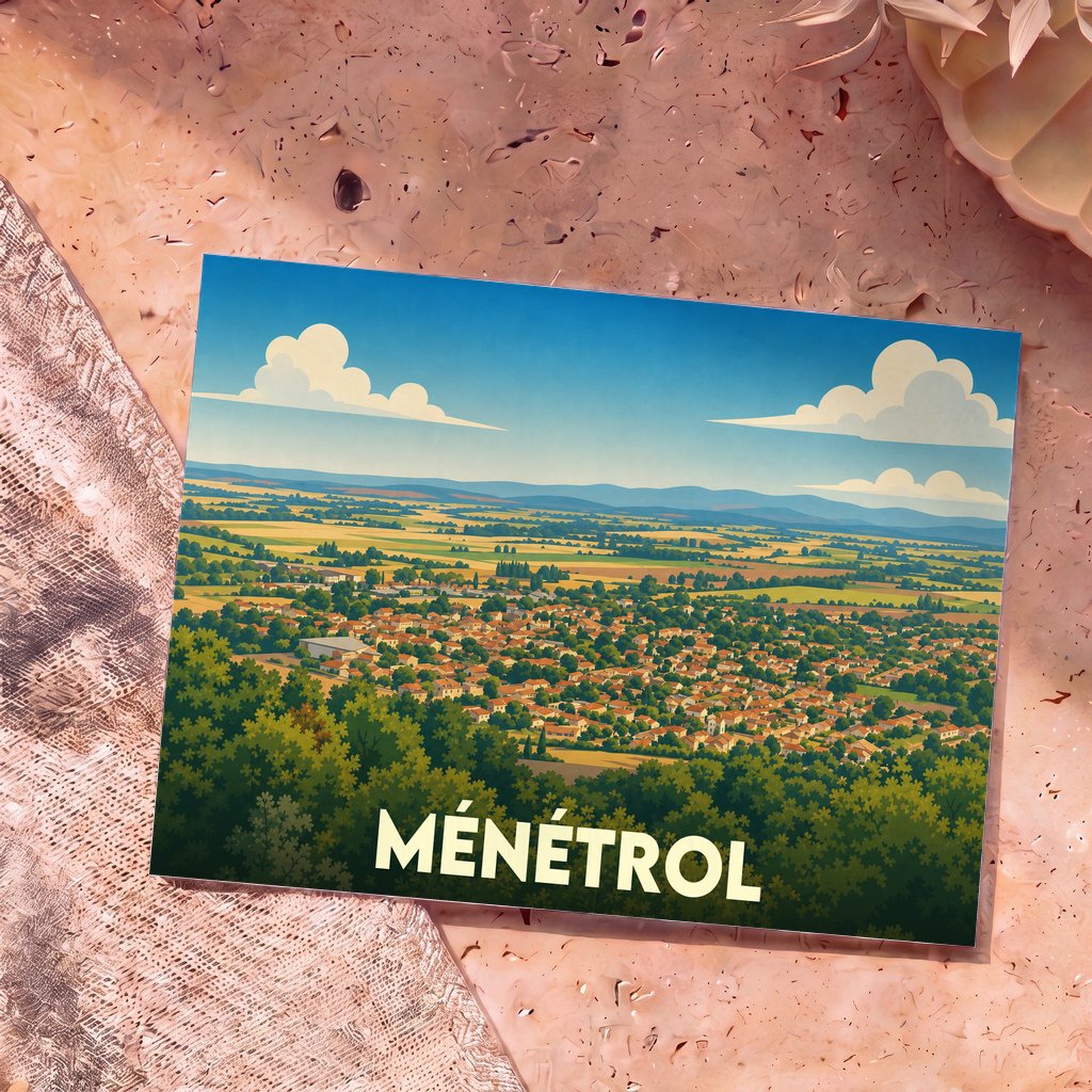 Carte postale souvenir de la ville de Ménétrol avec une illustration panoramique stylisée.