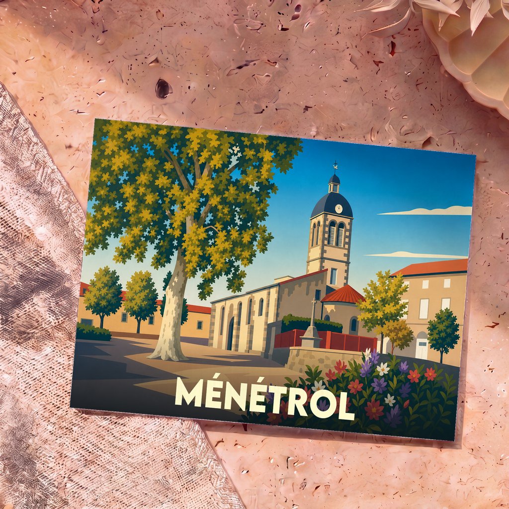 Carte postale souvenir de la ville de Ménétrol avec une illustration stylisée de son église et de sa place.