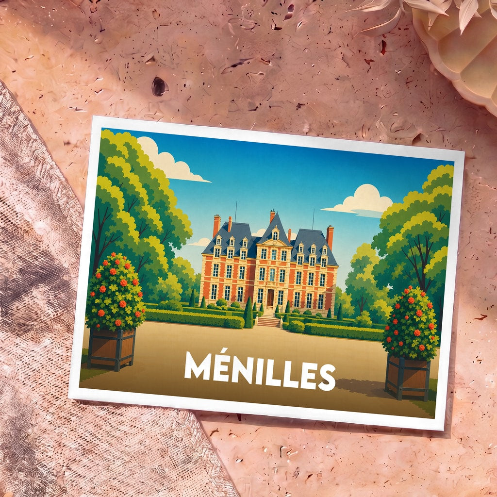 Carte postale souvenir de la ville de Ménilles illustrant un château entouré de jardins à la française.