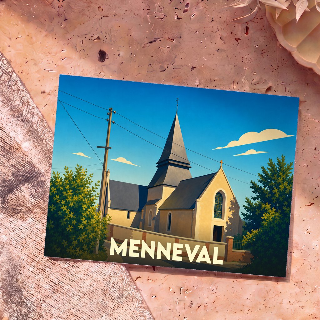 Carte postale souvenir de la ville de Menneval avec une illustration stylisée de son église sous un ciel bleu.