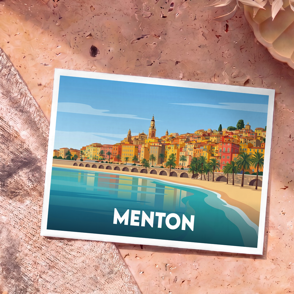 Carte postale souvenir de la ville de Menton avec une illustration colorée et stylisée de son front de mer.