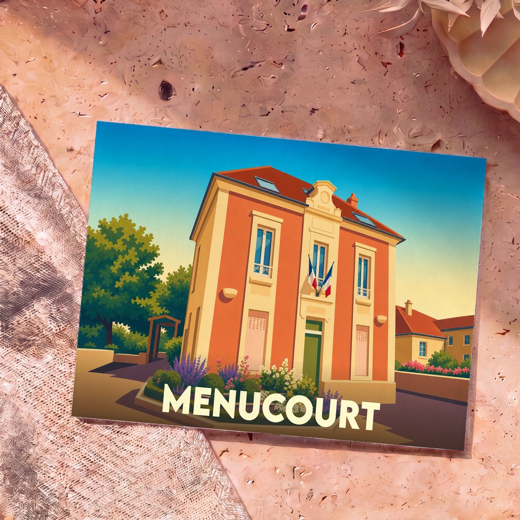 Carte postale souvenir de la ville de Menucourt avec une illustration stylisée de sa mairie fleurie.