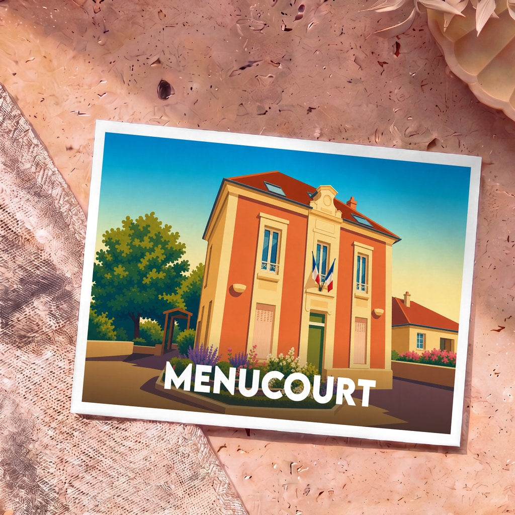 Carte postale souvenir de la ville de Menucourt avec une illustration stylisée de sa mairie fleurie.