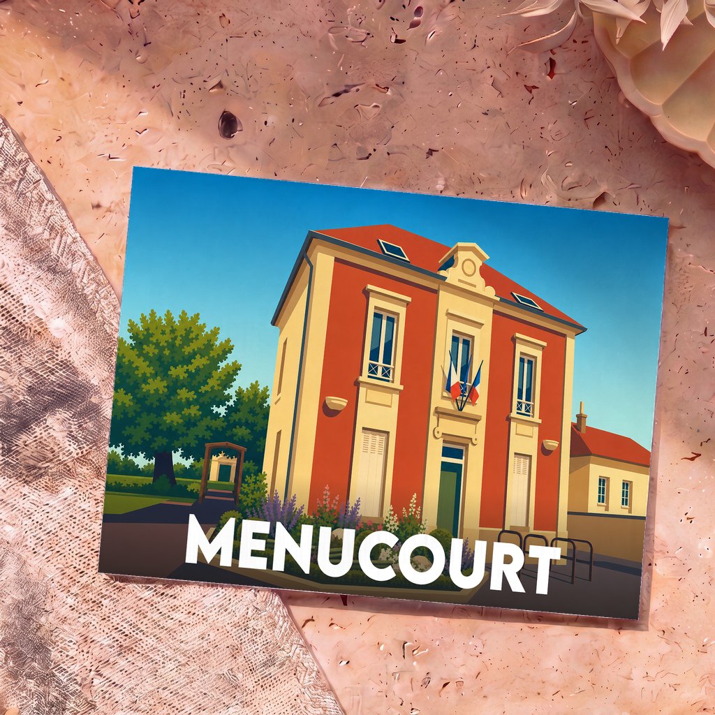 Carte postale souvenir de la ville de Menucourt illustrant sa mairie dans un style graphique épuré.