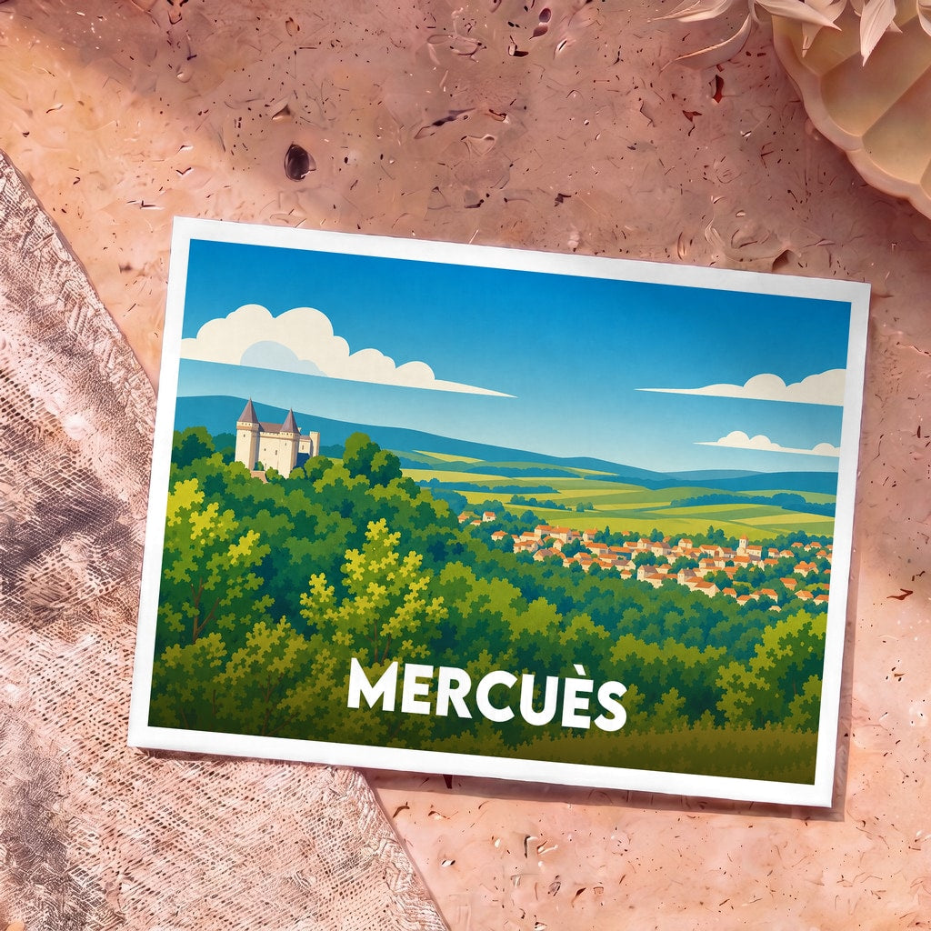 Carte postale souvenir de la ville de Mercuès arborant une illustration stylisée de son château et de son paysage.
