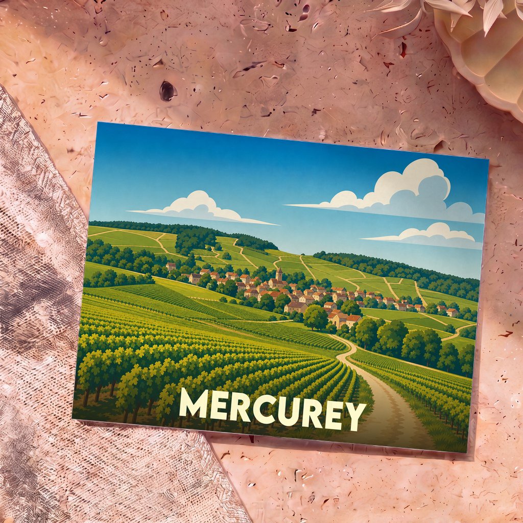 Carte postale souvenir de la ville de Mercurey avec une illustration stylisée de ses vignobles.