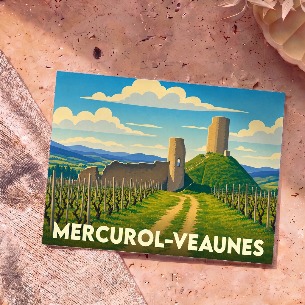 Carte postale souvenir de la ville de Mercurol-Veaunes avec une illustration stylisée de ses vignes et de ses ruines médiévales.