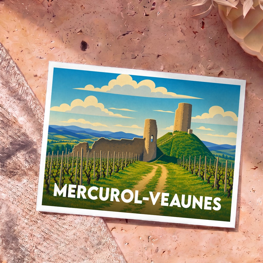 Carte postale souvenir de la ville de Mercurol-Veaunes avec une illustration stylisée de ses vignes et de ses ruines médiévales.