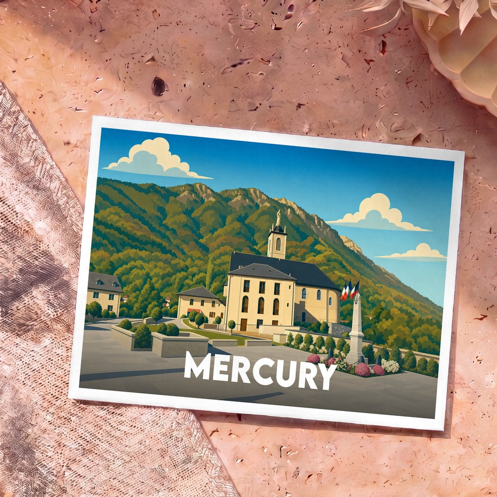 Carte postale souvenir de la commune de Mercury représentant une vue illustrée de son église face aux montagnes.