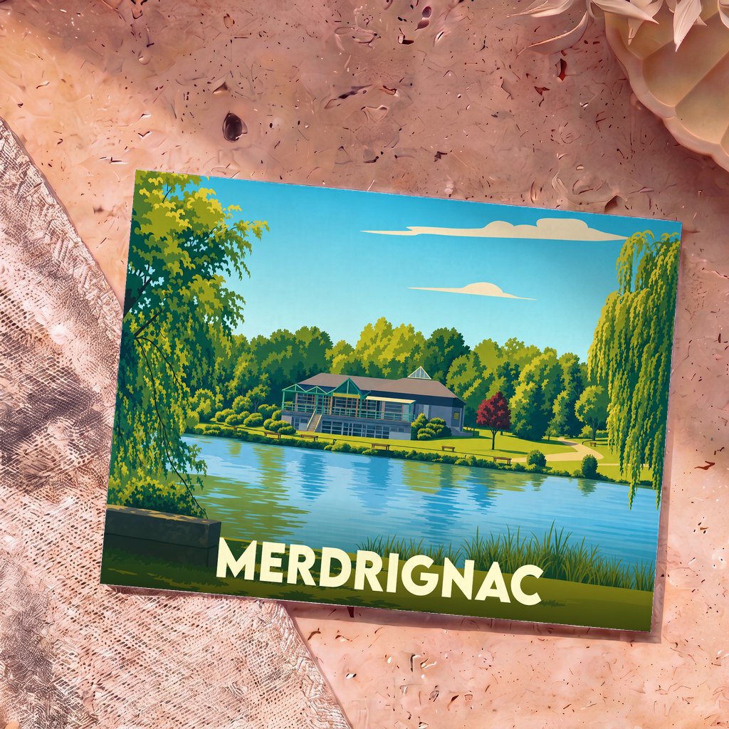 Carte postale souvenir de la ville de Merdrignac avec une illustration stylisée d'un bâtiment au bord d'un étang.
