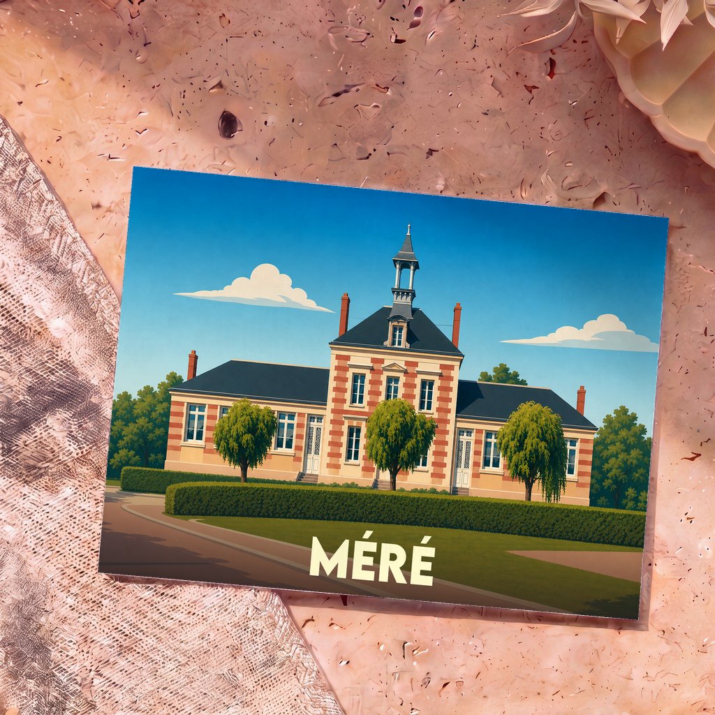 Carte postale souvenir de la ville de Méré illustrant sa mairie dans un style graphique épuré.