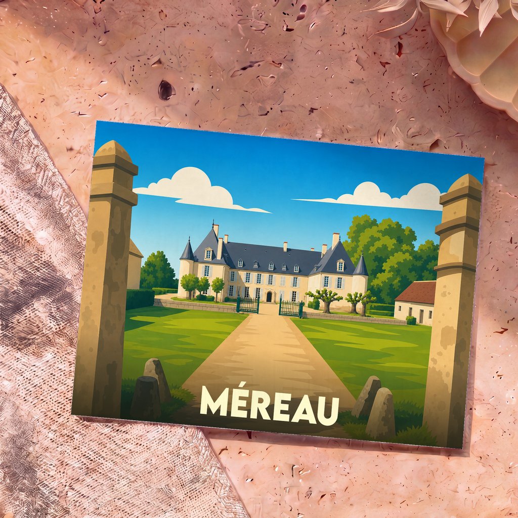 Carte postale souvenir de la ville de Méreau illustrant un château stylisé dans un parc verdoyant.