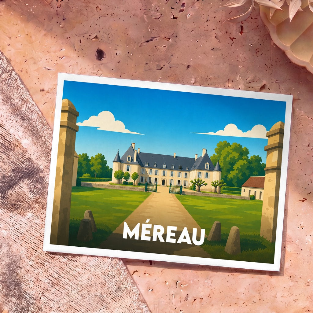 Carte postale souvenir de la ville de Méreau illustrant un château stylisé dans un parc verdoyant.