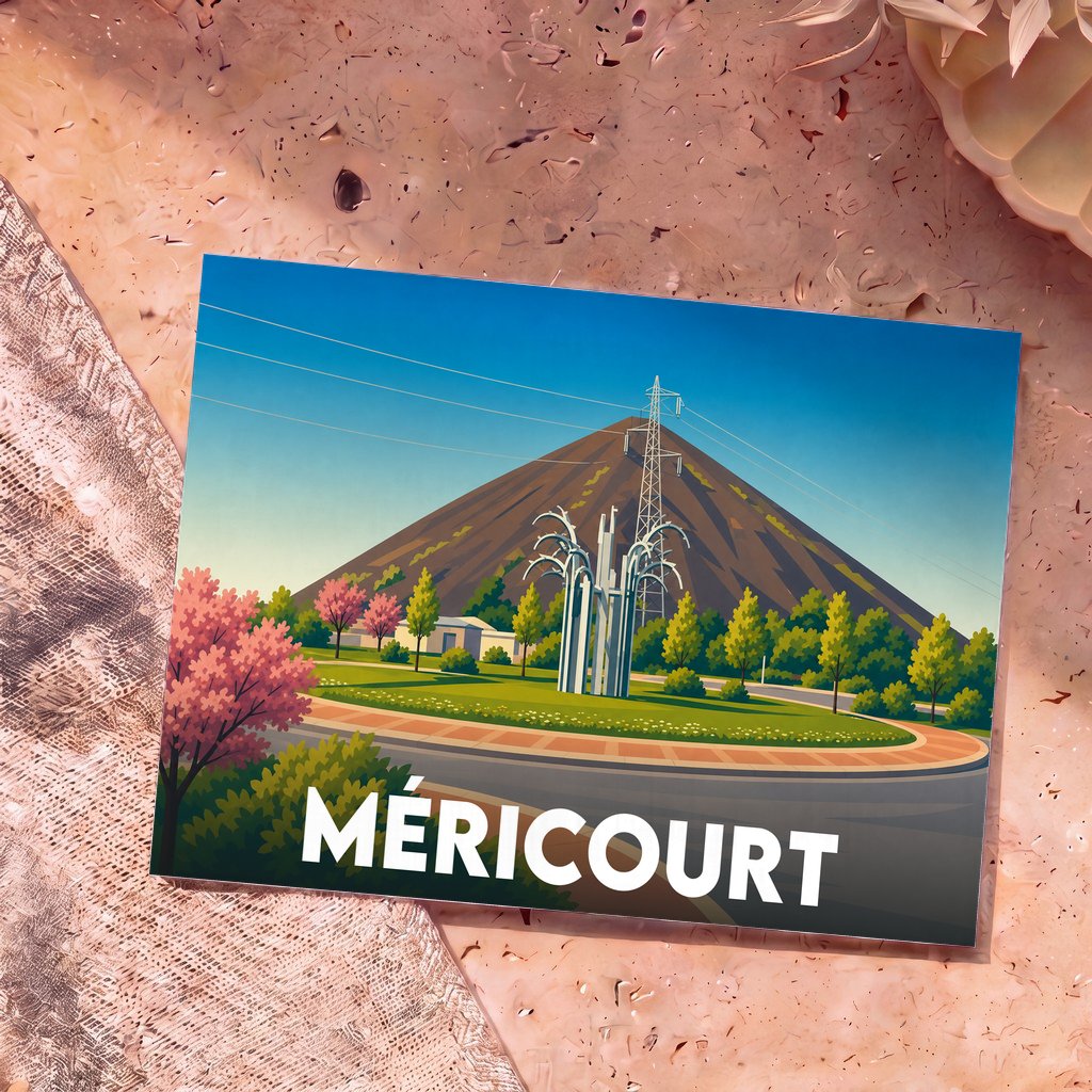 Carte postale souvenir de la ville de Méricourt avec une illustration stylisée montrant un terril et un monument local.