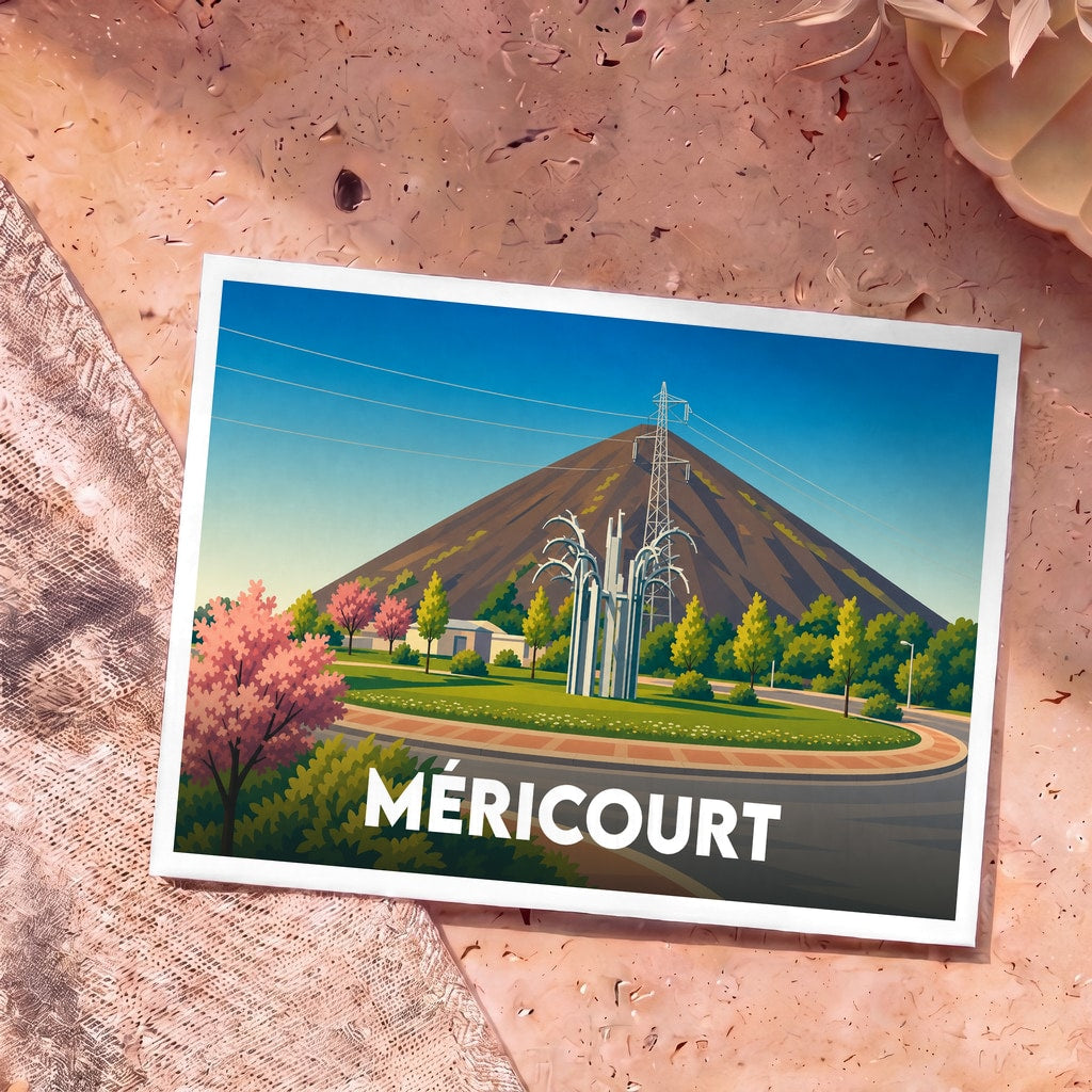 Carte postale souvenir de la ville de Méricourt avec une illustration stylisée montrant un terril et un monument local.