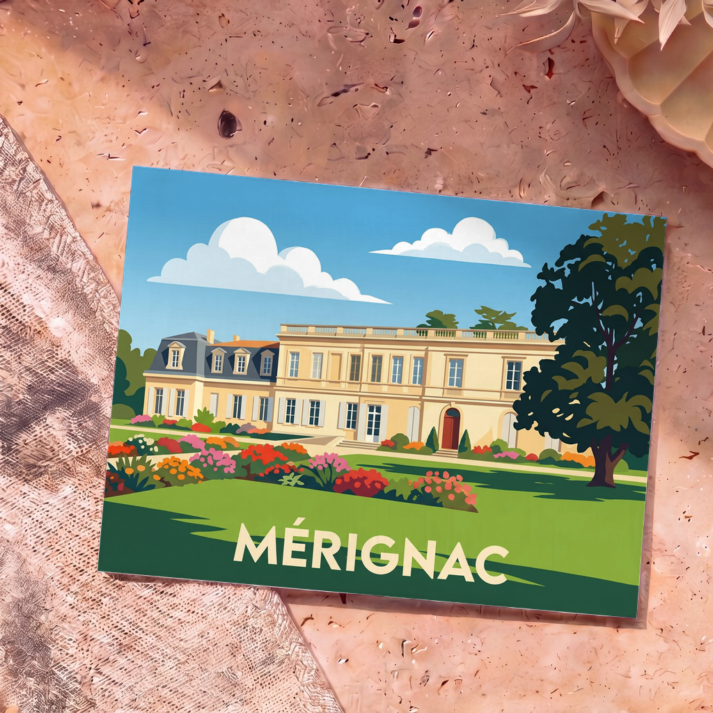 Carte postale souvenir de la ville de Mérignac avec une illustration stylisée de son château et de ses jardins.