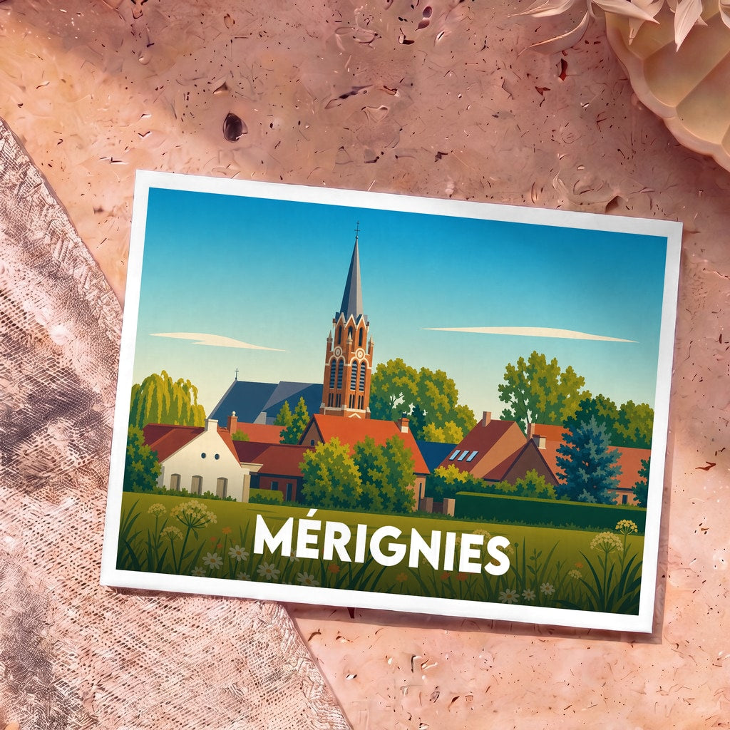 Carte postale souvenir de la ville de Mérignies avec une illustration stylisée montrant son église et ses maisons.