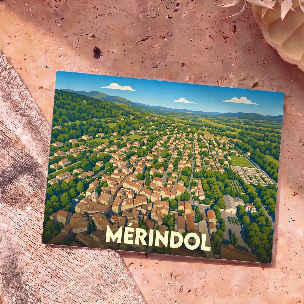 Carte postale souvenir de la ville de Mérindol avec une illustration stylisée en vue aérienne.