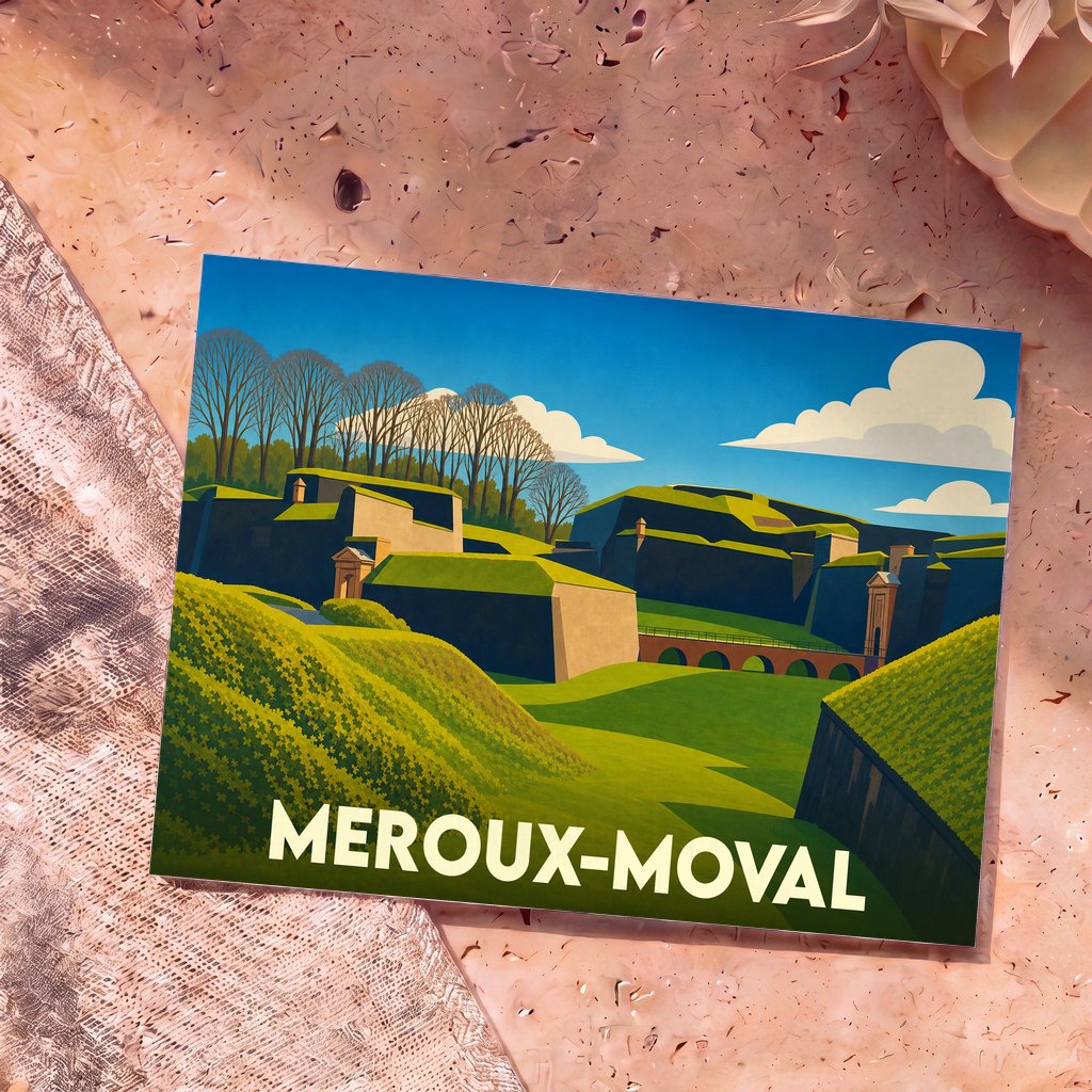 Carte postale souvenir de la ville de Meroux-Moval représentant une illustration stylisée de ses remparts verdoyants.