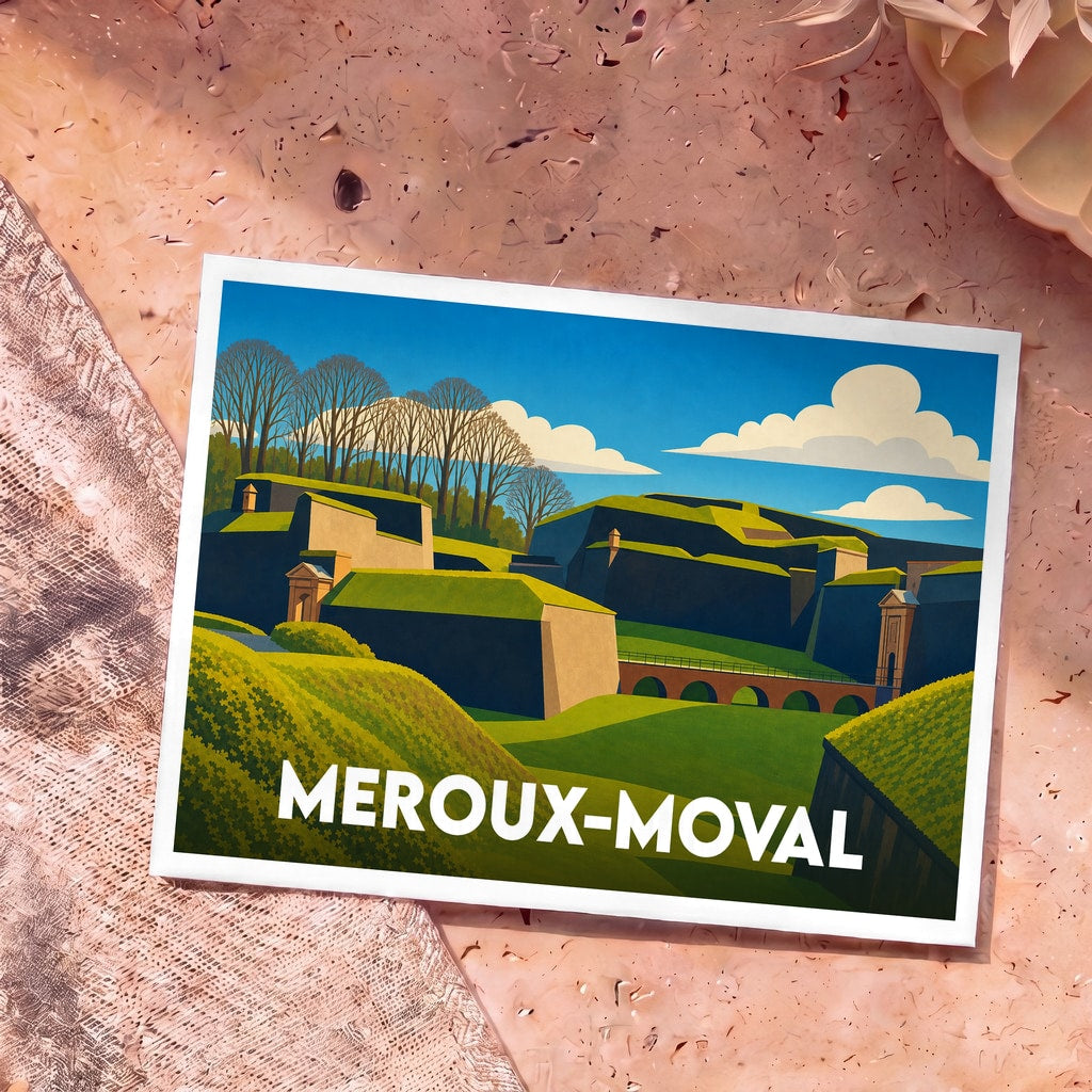 Carte postale souvenir de la ville de Meroux-Moval représentant une illustration stylisée de ses remparts verdoyants.