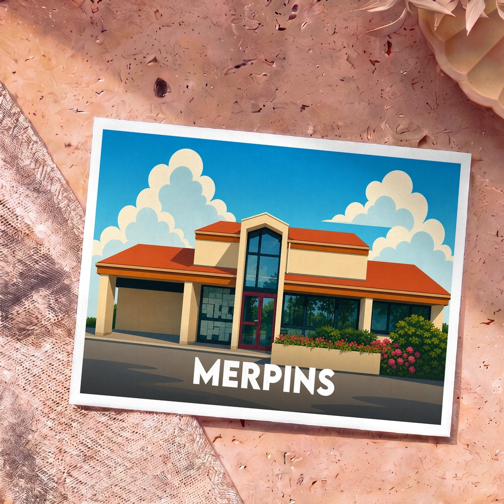 Carte postale souvenir de la ville de Merpins avec une illustration stylisée d'un bâtiment moderne sous un ciel nuageux.