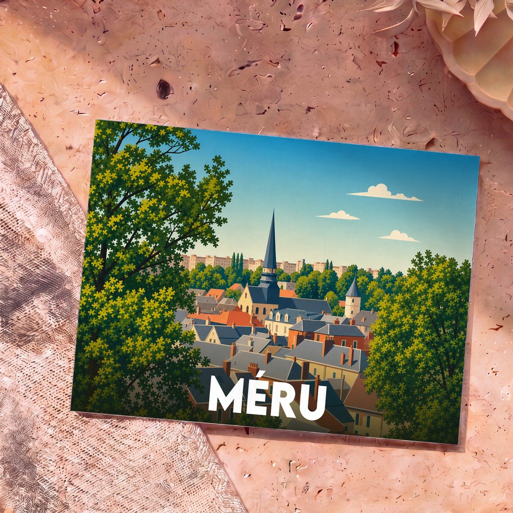 Carte postale souvenir de la ville de Méru avec une illustration stylisée de son centre historique et de ses clochers.