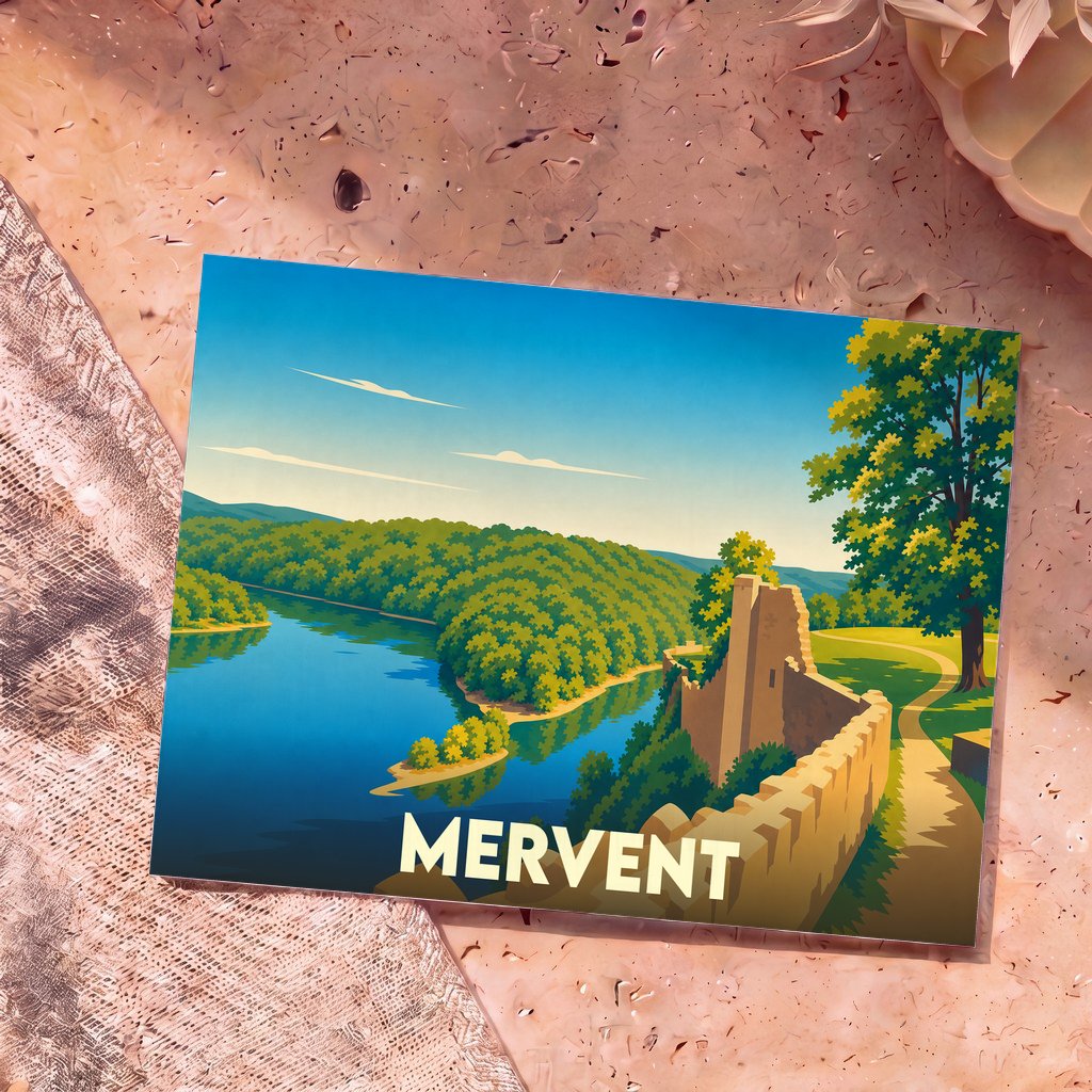 Carte postale souvenir de la ville de Mervent illustrant un paysage de rivière et de remparts.