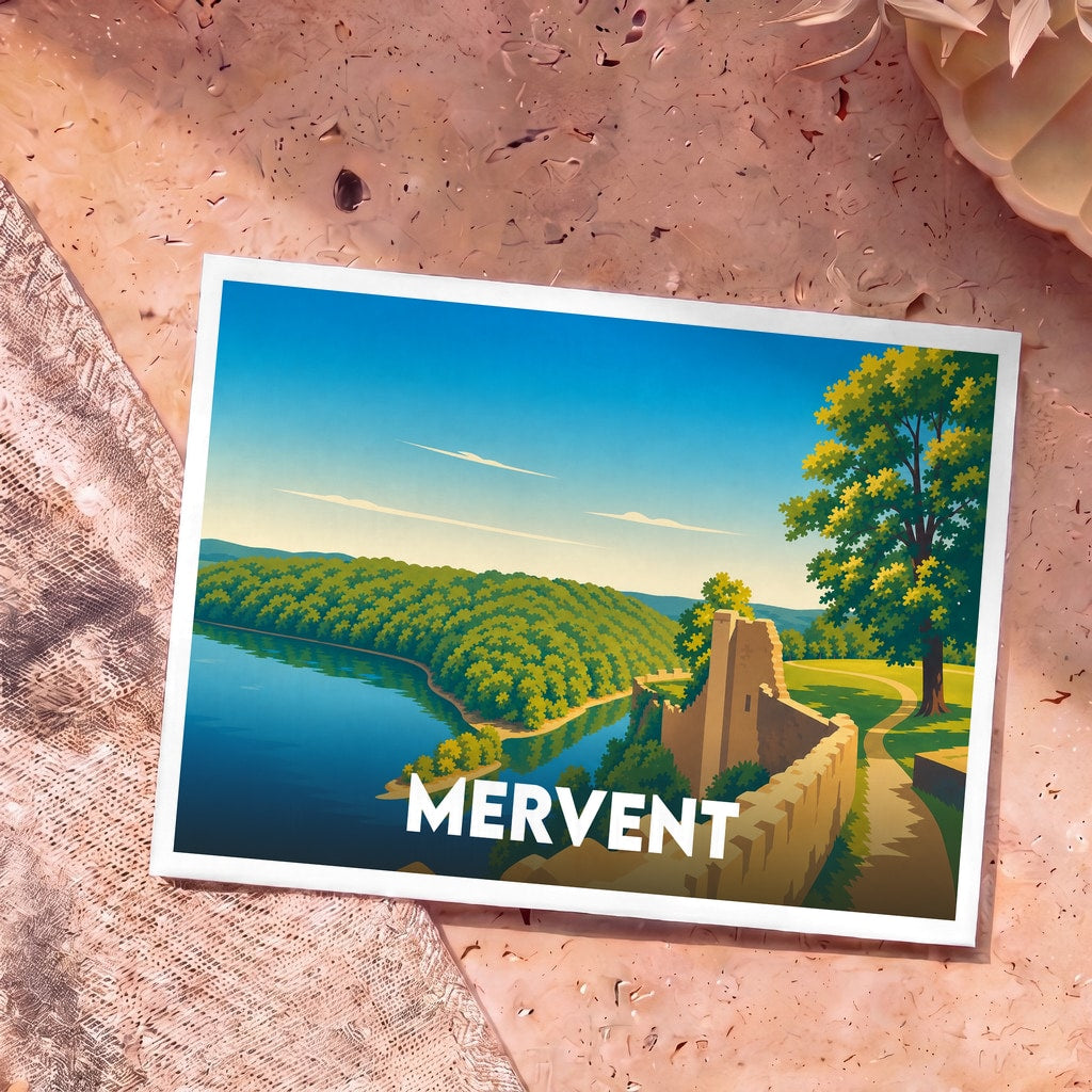 Carte postale souvenir de la ville de Mervent illustrant un paysage de rivière et de remparts.