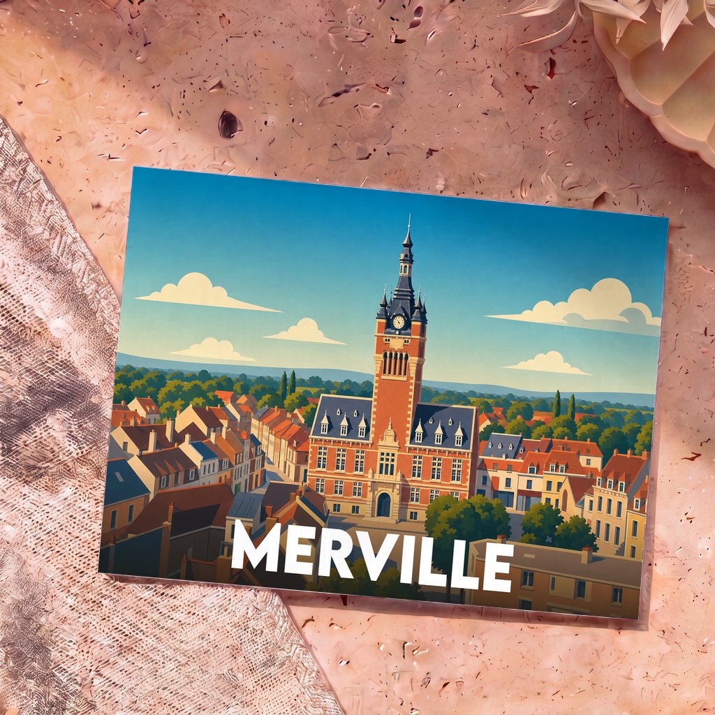 Carte postale souvenir de la ville de Merville illustrant son hôtel de ville dans un style graphique épuré.
