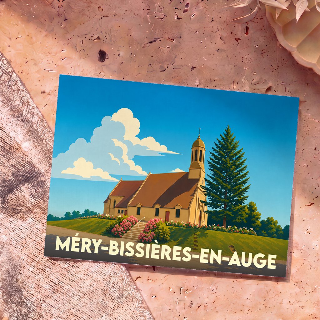 Carte postale souvenir de Méry-Bissières-en-Auge avec une illustration stylisée de son église sous un ciel azur.