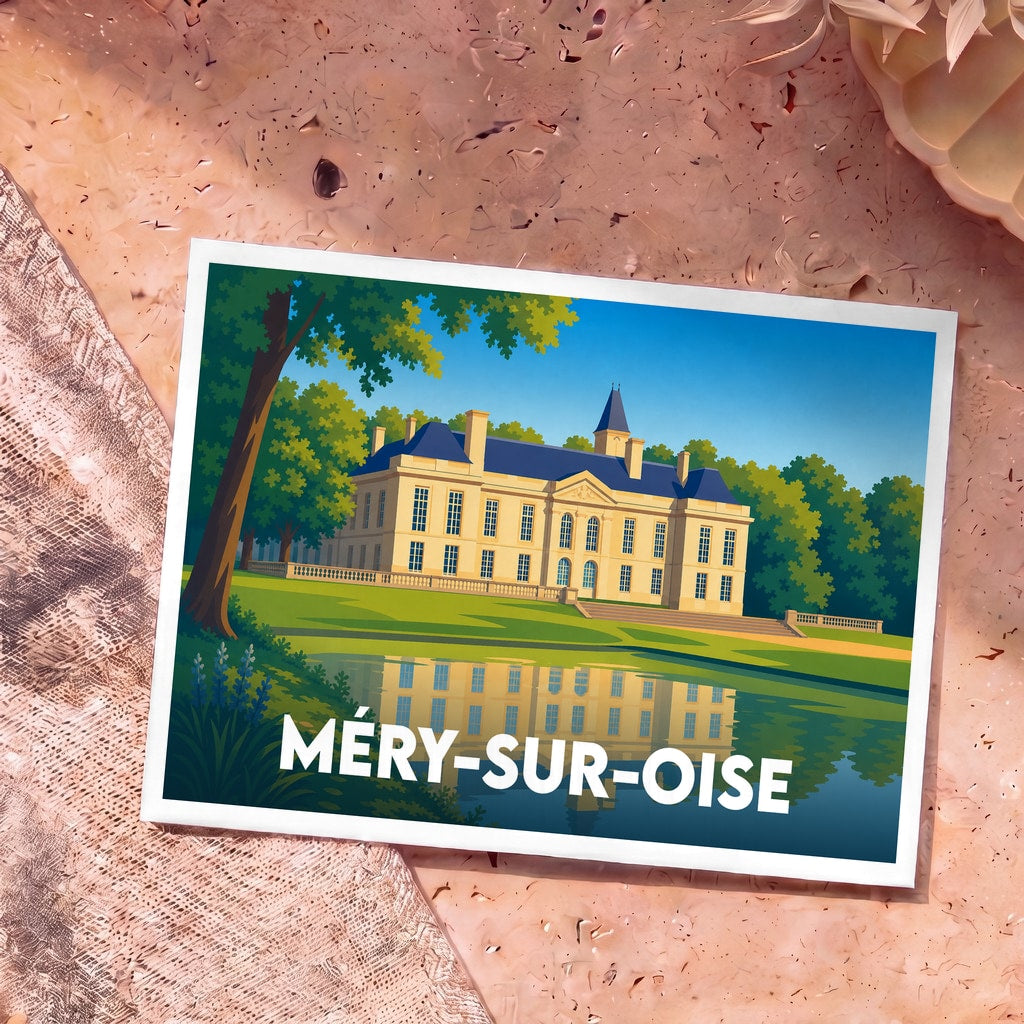 Carte postale souvenir de la ville de Méry-sur-Oise illustrant son château et son reflet sur l'eau dans un style graphique épuré.