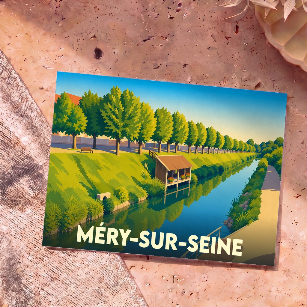 Carte postale souvenir de la ville de Méry-sur-Seine illustrant un canal bordé d'arbres dans un style graphique épuré.