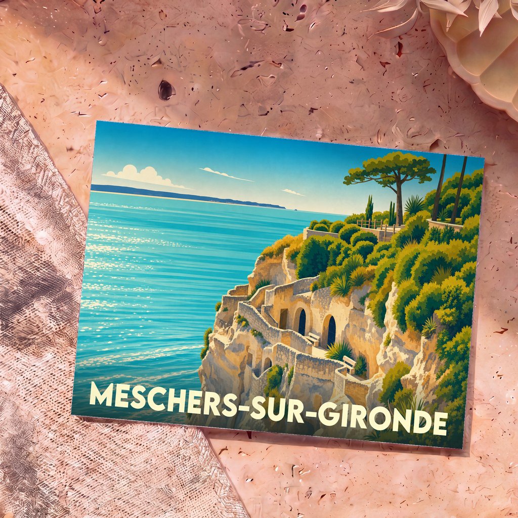 Carte postale souvenir de la ville de Meschers-sur-Gironde illustrant les falaises et habitations troglodytiques en bord de mer.