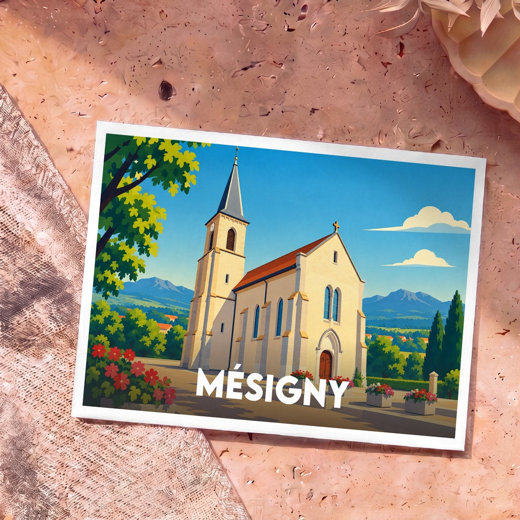 Carte postale souvenir de la ville de Mésigny illustrant son église dans un style graphique épuré.