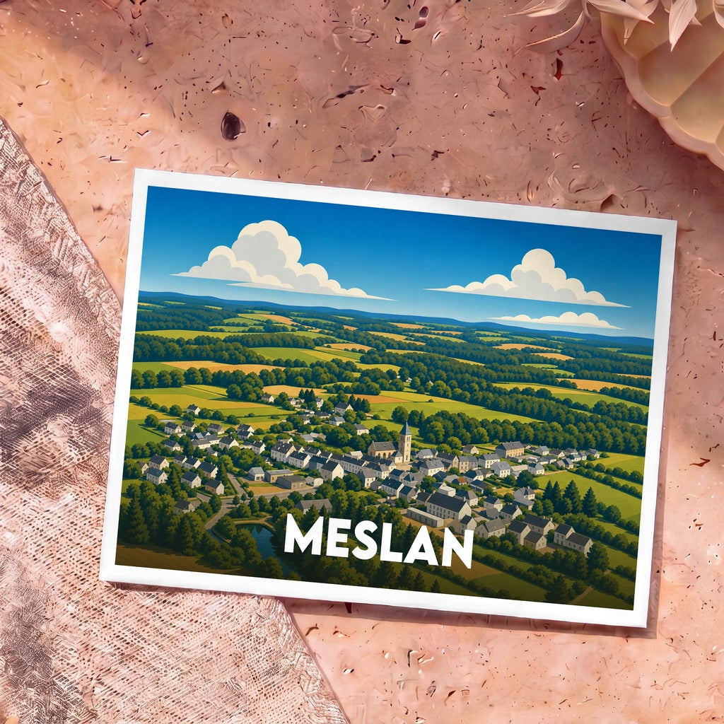 Carte postale souvenir de la ville de Meslan avec une illustration stylisée d'un paysage de campagne vallonné.
