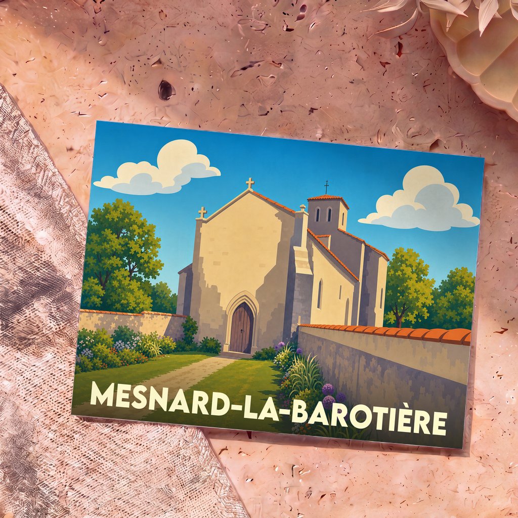 Carte postale souvenir de la ville de Mesnard-la-Barotière illustrant son église avec un style graphique épuré.